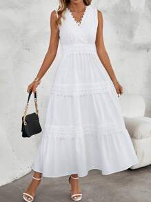 SHEIN Frenchy 拼接水溶蕾絲荷葉邊洋裝 - 白色 - 查看 5