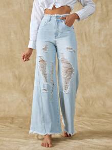 SHEIN Frenchy Ripped Raw Hem Wide Leg Jeans - Light Wash - View 1