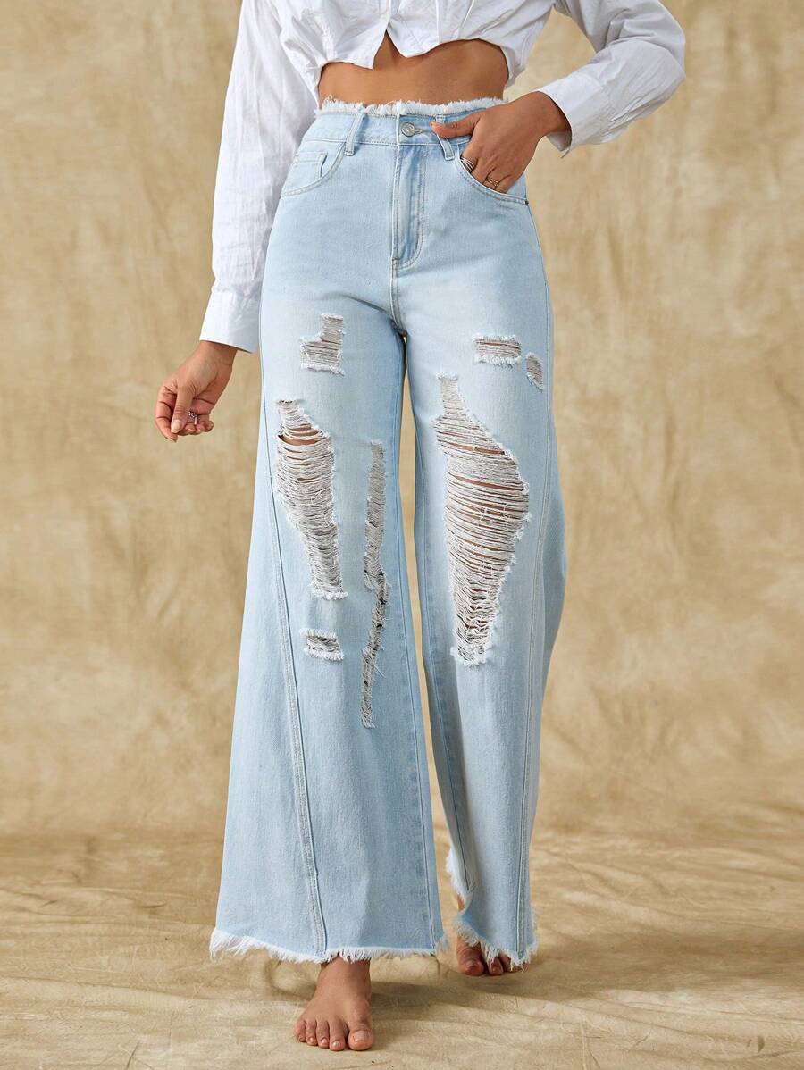 SHEIN Frenchy Ripped Raw Hem Wide Leg Jeans - Light Wash - View 1