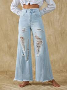 SHEIN Frenchy Ripped Raw Hem Wide Leg Jeans - Light Wash - View 4