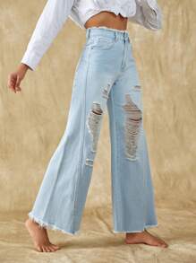 SHEIN Frenchy Ripped Raw Hem Wide Leg Jeans - Light Wash - View 5