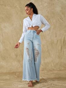 SHEIN Frenchy Ripped Raw Hem Wide Leg Jeans - Light Wash - View 3