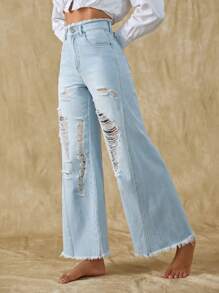 SHEIN Frenchy Ripped Raw Hem Wide Leg Jeans - Light Wash - View 6
