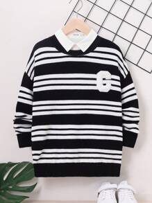SHEIN Tween Boy Striped & Letter Graphic Drop Shoulder Sweater Without Shirt - Black and White - View 1