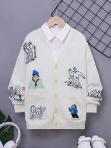 SHEIN 男大童字母和數字圖案雙口袋落肩開衫（不含襯衫） - 米色 - 查看 1