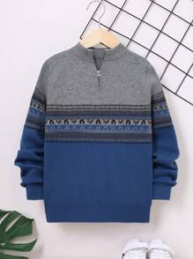SHEIN Chico preadolescente Jersey con patrón geométrico de color combinado con cremallera cuarta