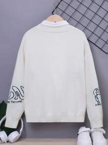 SHEIN 男大童字母和數字圖案雙口袋落肩開衫（不含襯衫） - 米色 - 查看 2