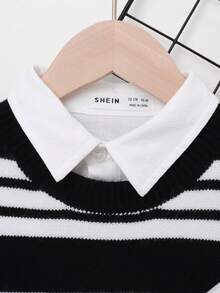 SHEIN Tween Boy Striped & Letter Graphic Drop Shoulder Sweater Without Shirt - Black and White - View 4
