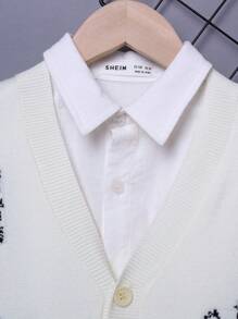 SHEIN 男大童字母和數字圖案雙口袋落肩開衫（不含襯衫） - 米色 - 查看 4