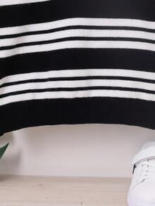 SHEIN Tween Boy Striped & Letter Graphic Drop Shoulder Sweater Without Shirt - Black and White - View 5
