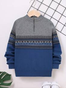 SHEIN Chico preadolescente Jersey con patrón geométrico de color combinado con cremallera cuarta