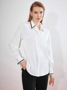 MOTF PREMIUM Tương phản ràng buộc Áo sơ mi - trắng - Xem 5