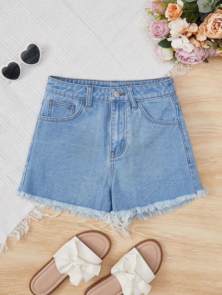 SHEIN Teen Girl Raw Hem Denim Shorts - Light Wash - View 1