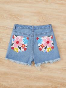 SHEIN Teen Girl Raw Hem Denim Shorts - Light Wash - View 2