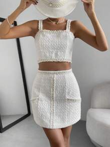SHEIN Privé Pearls Trim Tweed Cami Top & Skirt - White - View 3