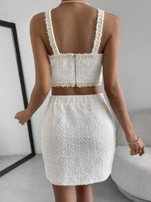 SHEIN Privé Pearls Trim Tweed Cami Top & Skirt - White - View 2