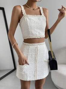 SHEIN Privé Pearls Trim Tweed Cami Top & Skirt - White - View 4