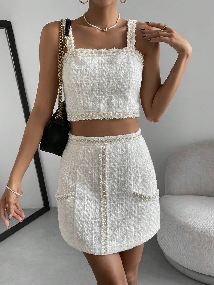 SHEIN Privé Pearls Trim Tweed Cami Top & Skirt - White - View 1