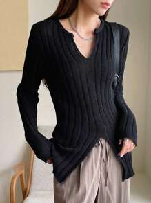 DAZY Áo len dệt kim cổ khoét, viền xẻ, quần áo mùa thu - màu đen - Xem 4