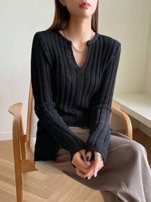 DAZY Áo len dệt kim cổ khoét, viền xẻ, quần áo mùa thu - màu đen - Xem 6