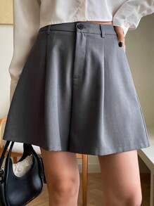 DAZY 高腰褶皺細節闊腿短褲 - 灰色 - 查看 3