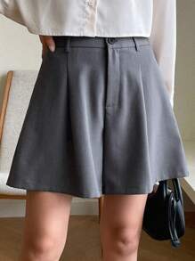 DAZY 高腰褶皺細節闊腿短褲 - 灰色 - 查看 4