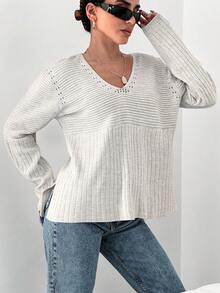 EURMUSE 孔眼細節落肩袖套頭毛衣 - 淺灰色 - 查看 3