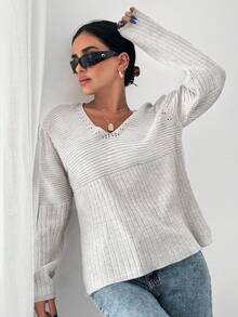 EURMUSE 孔眼細節落肩袖套頭毛衣 - 淺灰色 - 查看 5