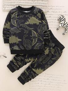 SHEIN Young Boy Dinosaur Print Sweatshirt & Sweatpants - Black - View 1