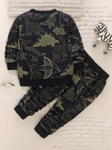 SHEIN Young Boy Dinosaur Print Sweatshirt & Sweatpants - Black - View 2
