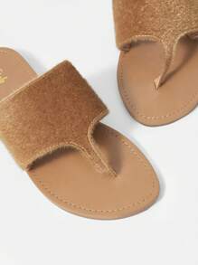女性夾腳設計T字帶涼鞋,時尚夏天毛茸茸平底涼鞋 - 駝色 - 查看 6