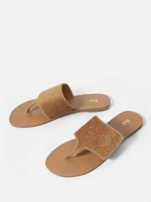 女性夾腳設計T字帶涼鞋,時尚夏天毛茸茸平底涼鞋 - 駝色 - 查看 7