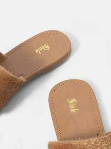 女性夾腳設計T字帶涼鞋,時尚夏天毛茸茸平底涼鞋 - 駝色 - 查看 8