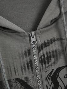 ROMWE Grunge Punk Mắt & Đồ họa đầu lâu Dây kéo Dây rút Hoodie - Xám - Xem 3