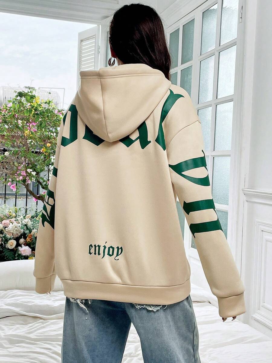 SHEIN Unity 字母圖案落肩袖抽繩加絨內裏連帽衫 - 杏色 - 查看 1