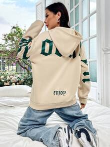 SHEIN Unity 字母圖案落肩袖抽繩加絨內裏連帽衫 - 杏色 - 查看 4