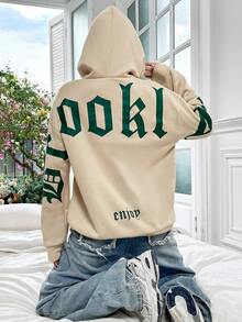 SHEIN Unity 字母圖案落肩袖抽繩加絨內裏連帽衫 - 杏色 - 查看 3