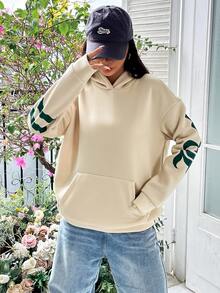 SHEIN Unity 字母圖案落肩袖抽繩加絨內裏連帽衫 - 杏色 - 查看 5