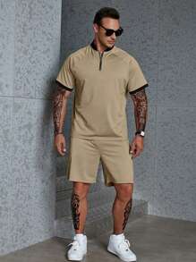 Manfinity Homme Men Plus Contrast Trim Raglan Sleeve Tee & Shorts - Khaki - View 1