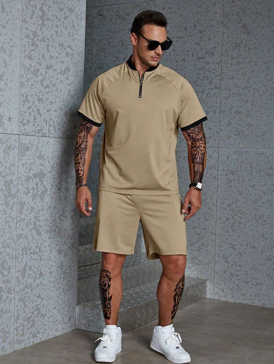 Manfinity Homme Men Plus Contrast Trim Raglan Sleeve Tee & Shorts - Khaki - View 1