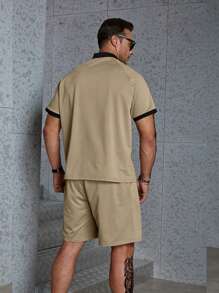 Manfinity Homme Men Plus Contrast Trim Raglan Sleeve Tee & Shorts - Khaki - View 2
