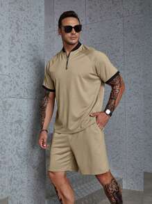 Manfinity Homme Men Plus Contrast Trim Raglan Sleeve Tee & Shorts - Khaki - View 3