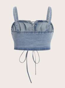 SHEIN MOD Plus Lace Up Front Ruched Bust Denim Top - Light Wash - View 2