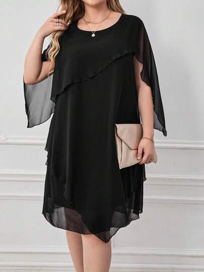 Plus Solid Cape Sleeve Overlay Dress
