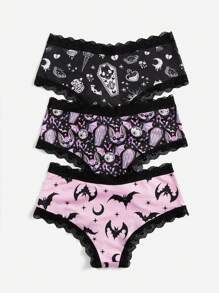 Sonchs Curiosities 3pack Cartoon Graphic Contrast Lace Panty Set - Multicolor - View 2