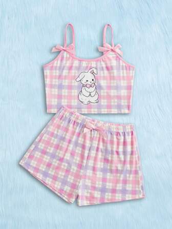 Kawaii Cartoon Rabbit Graphic Gingham PJ Set