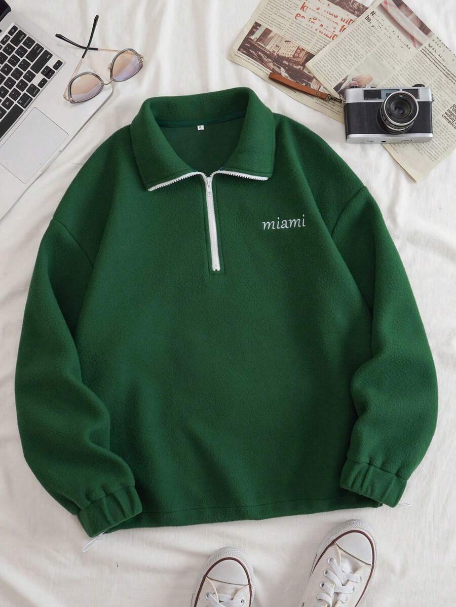 SHEIN EZwear 字母刺繡半拉鏈加絨內裏運動衫 - 墨綠色 - 查看 1