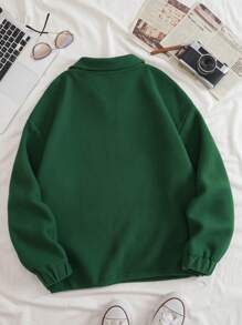 SHEIN EZwear 字母刺繡半拉鏈加絨內裏運動衫 - 墨綠色 - 查看 2