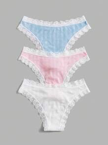 ROMWE Kawaii 3pack Himekaji Contrast Lace Ribbed Knit Panties - Multicolor - View 2