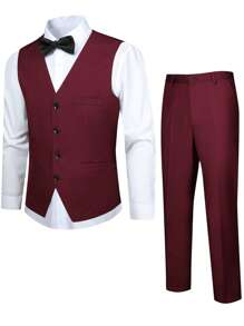 Manfinity Mode 男士1入組前紐扣馬甲&1入組西裝褲 - 酒紅色 - 查看 1